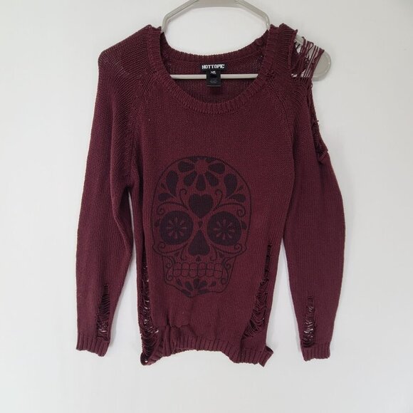 57. HOT TOPIC Women's Burgundy Distressed Acrylic Knit Sweater Skull Size M - Picture 2 of 8